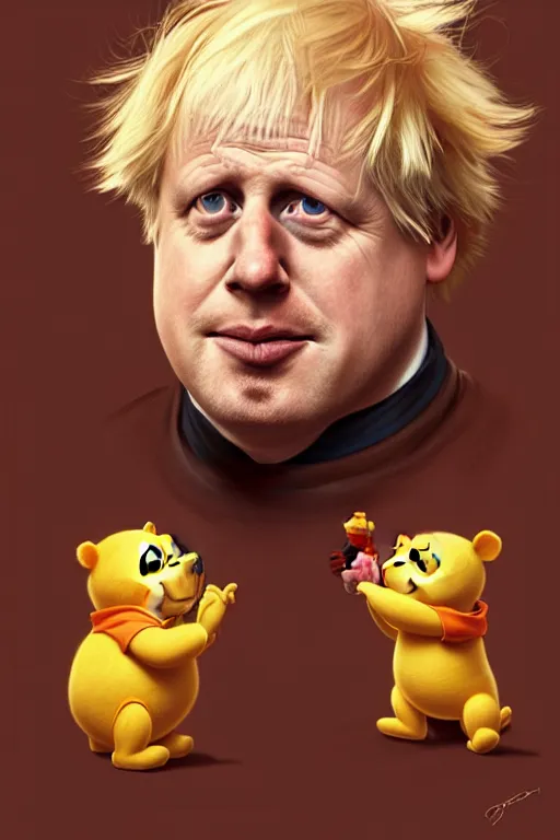 Image similar to Boris Johnson as a Winnie the Pooh, Boris Johnson hairstyle, realistic portrait, symmetrical, highly detailed, digital painting, artstation, concept art, smooth, sharp focus, illustration, cinematic lighting, art by artgerm and greg rutkowski and alphonse mucha