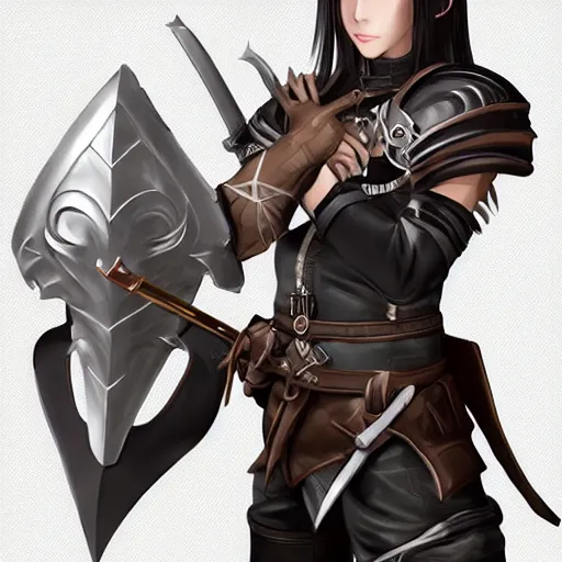 Prompt: a female adventurer in leather armor with a sword attached to her hip, anime style, character sheet, concept art, silver hair, detailed face, artstation, trending, masterpiece, high resolution