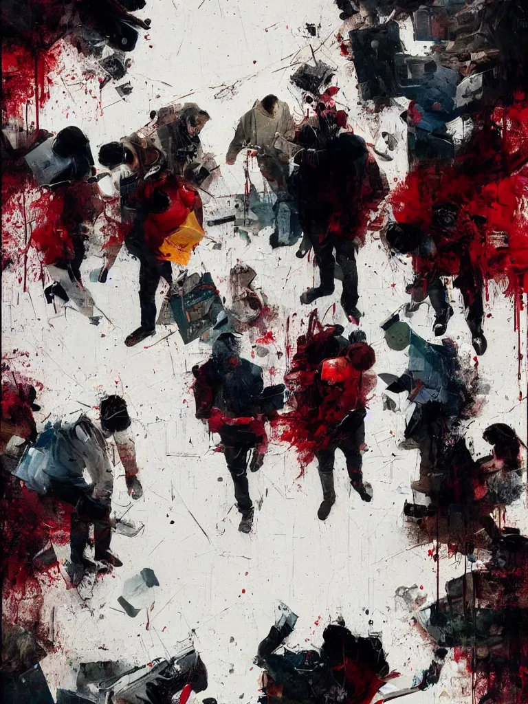 Prompt: a beautiful glitched picture by joram roukes of people looking at their phone in a bathroom, color bleeding, brushstrokes by jeremy mann