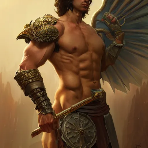 Image similar to Nathan Fielder as a warrior, D&D, muscular, fantasy, intricate, elegant, highly detailed, digital painting, artstation, concept art, smooth, sharp focus, illustration, art by artgerm and greg rutkowski and alphonse mucha