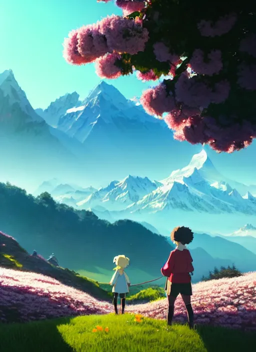 Image similar to a wholesome animation key shot, swiss alps peaks in the background, cherry blossoms in the foreground, studio ghibli, pixar and disney animation, sharp, rendered in unreal engine 5, anime key art by greg rutkowski, bloom, dramatic lighting