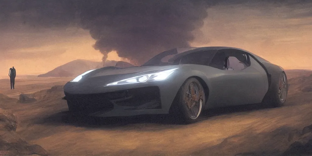 Image similar to sport car 2 0 2 2, volumetric light from nearby sources, style by caspar david friedrich and wayne barlowe and ted nasmith.