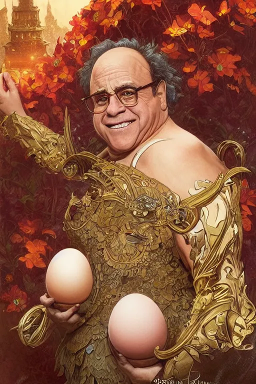 Image similar to danny devito the conqueror and offerer of eggs, fantasy, intricate, elegant, highly detailed, digital painting, artstation, concept art, sharp focus, illustration, art by artgerm and greg rutkowski and alphonse mucha