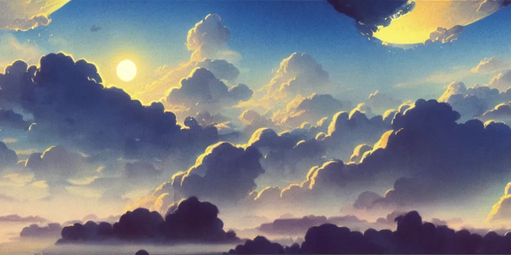 Image similar to blue dreamy cloudscape with a single planet in the clouds, daylight, cinematic lighting, cinematic perspective, syd mead, john harris, federico pelat,