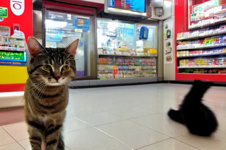 Image similar to cat smoking a cigarette in 7 - eleven wide angle lens