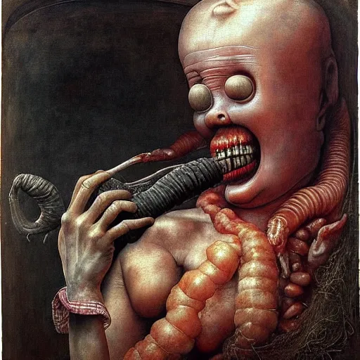 Image similar to a boy like eraserhead and elephant man sitting in a tub full of tomato sauce, looking straight into camera, screaming in desperation, by giuseppe arcimboldo and ambrosius benson, renaissance, fruit, intricate and intense oil paint, a touch of beksinski and hr giger, realistic