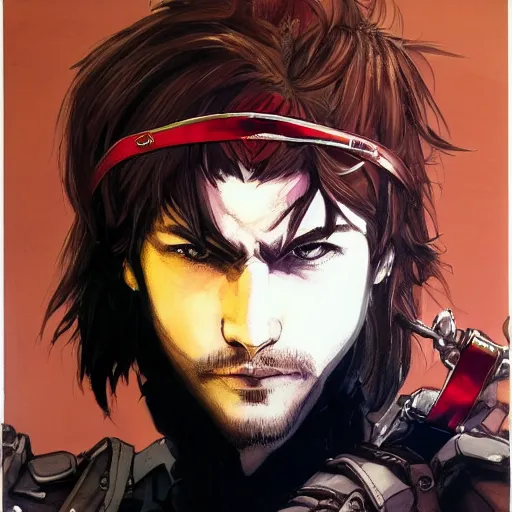 Image similar to portrait of a young white hero using his right arm to hold his sword covering his eye by yoji shinkawa, high quality, extra details, realism, ornate, colored, golden chain, blood, white skin, short hair, brown eyes, vivid, sunlight, dynamic, american man, red headband, white american soldier, painting, cybernetics, military