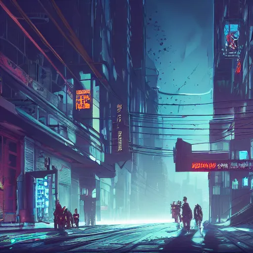 Prompt: desolate city street, shadows of cyberpunk drifters roaming abandoned buildings, concept art, intricate detail, vr, cables, distortions, piping, 8 k resolution, trending on artstation