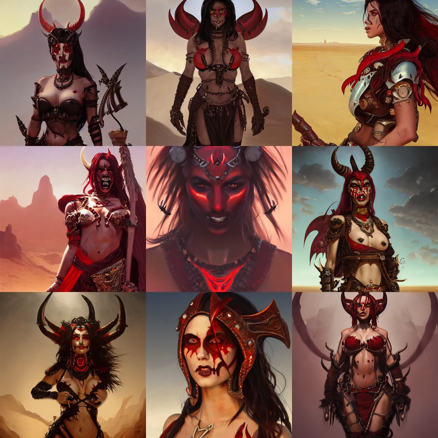 Prompt: portrait of an intimidating female berber demon with red skin, devil horns and black hair wearing a steel chestplate in a desert, half body, fantasy, highly detailed, digital painting, artstation, concept art, character art, art by greg rutkowski and tyler jacobson and alphonse mucha