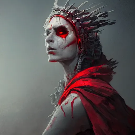 Image similar to a beautiful portrait of an ancient elderly necromancer queen, embers, skeletal, red-fabric, red-eyes, grey-skin, by Greg Rutkowski and Raymond Swanland, Trending on Artstation, ultra realistic digital art