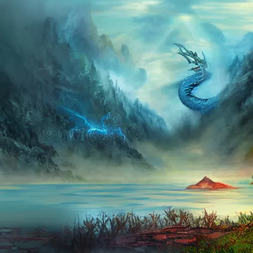 Prompt: flying blue lightning dragon, misty fog, big lake with mountains in background, forest, thunder and lightning, dungeons and dragons, highly detailed, digital illustration - n 4