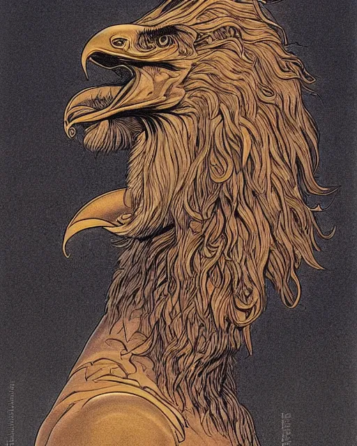 Image similar to a creature with the body and eyes of a man, with the beak of an eagle, the mane of a lion, and the horn of a bull. drawn by moebius