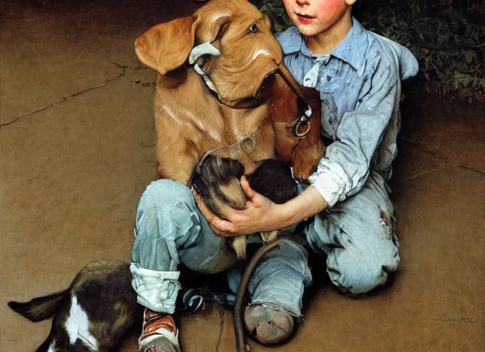 Image similar to high quality high detail painting by norman rockwell, hd, young boy with dog, muted pastel colors, photorealistic lighting