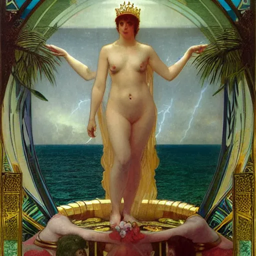 Prompt: The queen's throne, refracted sparkles, thunderstorm, greek pool, beach and Tropical vegetation on the background major arcana sky, by paul delaroche, alphonse mucha and arnold böcklin, hyperrealistic symmetrical 8k, award-winning, very very very detailed