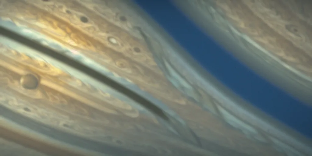 Image similar to close up photo of a spaceship flying on Jupiter atmosphere, unreal 5, ray tracing, foggy, gas