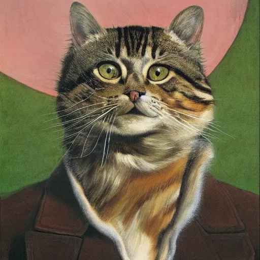 Image similar to fuzzy furry ears Portrait of Man camouflaged as Tabby Cat whilst wearing a pink tuxedo Standing atop a Garbage Truck Newell Convers Wyeth Andrew Wyeth Jamie Wyeth