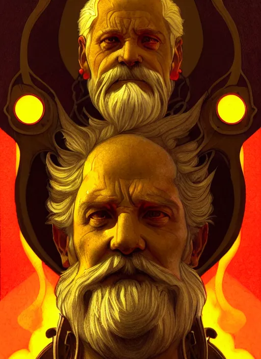 Image similar to the god hephaestus, old man, fiery hair, glowing eyes, volumetric lights, yellow and red scheme, art nouveau botanicals, gothic, intricate, highly detailed, digital painting, artstation, concept art, smooth, sharp focus, symmetric face, illustration, steampunk, art by artgerm and greg rutkowski and alphonse mucha