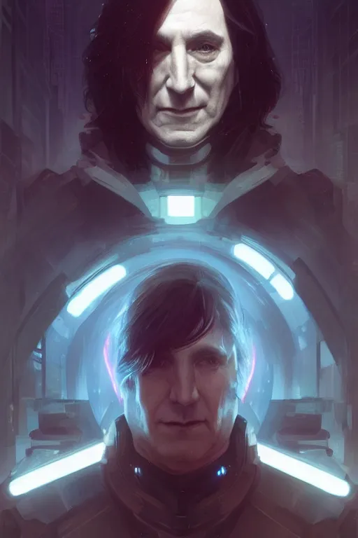 Image similar to portrait of cyborg severus snape in cyberpunk, neon lighting, night city, digital art from artstation by Ruan Jia and Mandy Jurgens and Artgerm and william-adolphe bouguereau and Greg Rutkowski