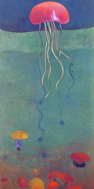 Image similar to jellyfish by paul gauguin, serene, calm, minimalist!!