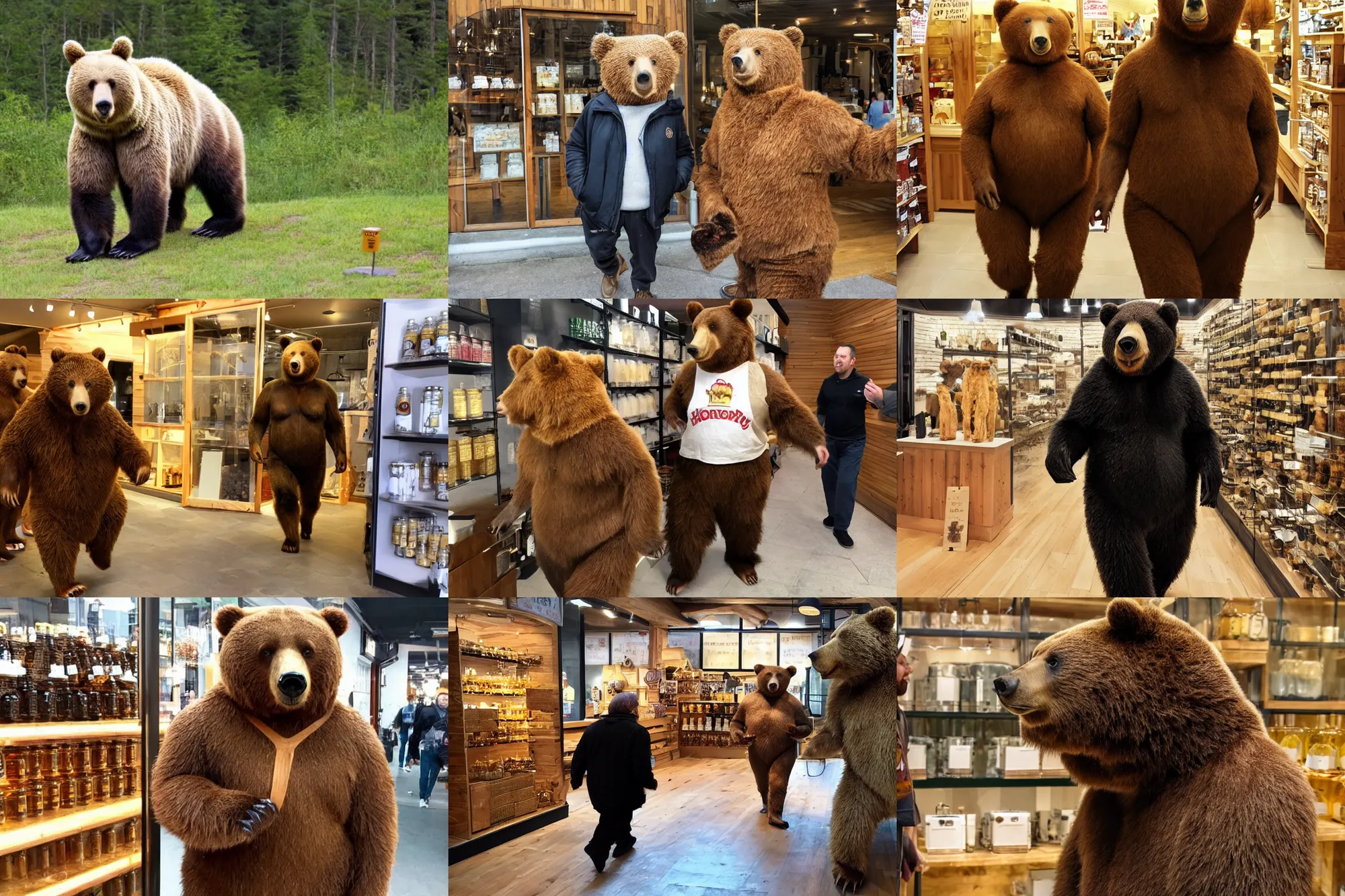 Prompt: hyper - realistic anthropomorphic bear walking into a honey shop