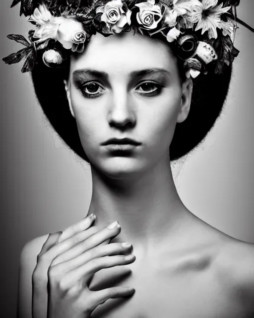Image similar to a black and white high quality dreamy photo of a young beautiful female queen-pale dragon-vegetal-flower-cyborg bust with a very long neck and a steampunk flower crown, elegant, highly detailed, poetic, soft, dreamy, mysterious, high fashion, in the style of Horst P. Horst, Realistic, Refined, Digital Art, Highly Detailed, Cinematic Lighting, rim light, black and white, photo-realistic, 8K
