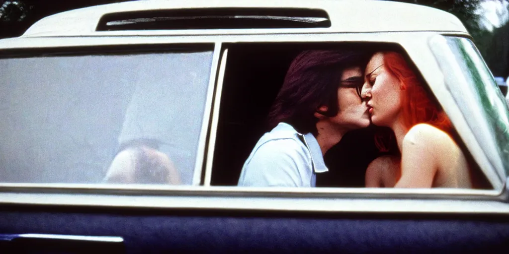 Prompt: 1 9 7 0 s car window closeup, young man and woman kissing in the back seat, coloured film photography, elliott erwitt photography