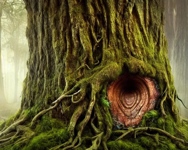 Image similar to a talking oak tree, a face in the bark, nose made of wood, eyes in the bark, mouth in the bark, fantasy concept art, leaves and moss, digital painting, oil painting, hyperrealistic, treebeard, ent, highly detailed, golden sunlight, very detailed eyes, artstation, cgsociety, in the forest, by alan lee, by artgerm