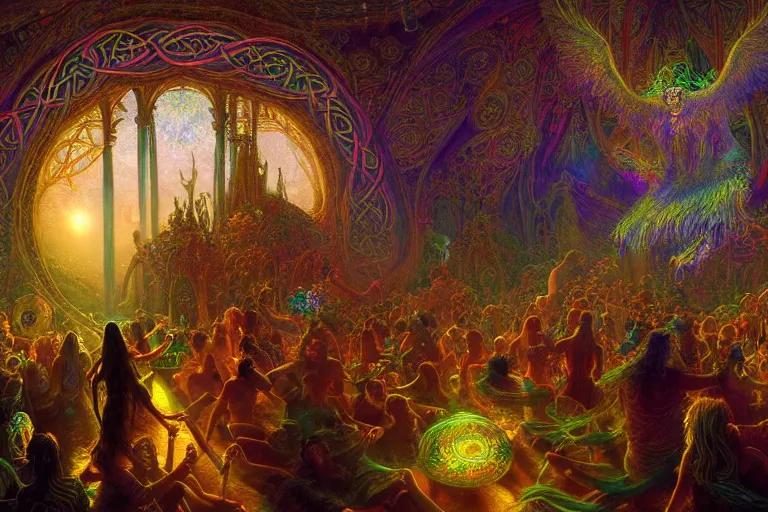 Prompt: a beautiful and highly detailed digital painting of a a psytrance party in another dimension, psychedelic, celtic, intricate details, epic scale, insanely complex, 8 k, sharp focus, photorealism, artstation, cgsociety, by caspar friedrich, albert bierstadt, james gurney, brian froud,