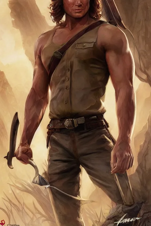 Image similar to pretty muscular sam winchester as indiana jones in the fate of atlantis, clothes torn apart, fantasy style, sharp focus!, ultra detailed, art by artgerm and peter andrew jones, wlop