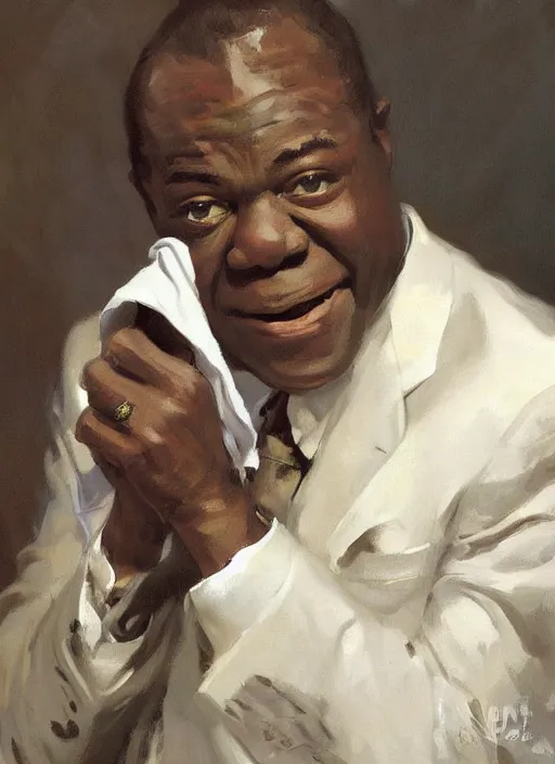 Prompt: a portrait of louis armstrong holding a white handkerchief, by john singer sargent and jonathan yeo and greg manchess, dramatic lighting, highly detailed digital painting