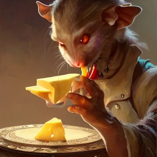 Image similar to a rat eating cheese , D&D, fantasy, intricate, cinematic lighting, highly detailed, digital painting, artstation, concept art, smooth, sharp focus, illustration, art by Artgerm and Greg Rutkowski and Alphonse Mucha