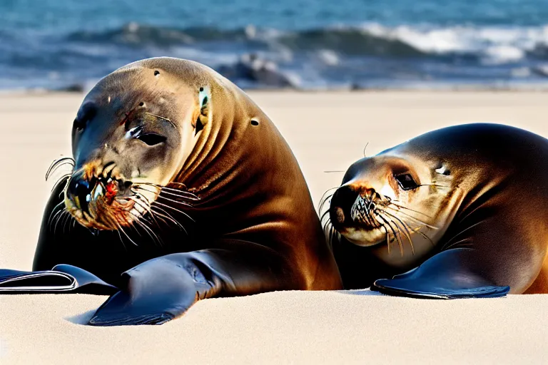 Image similar to professional photo of a sea lion body and canine wolf muzzle head half wolf half sea lion strange chimera discovered on the beach