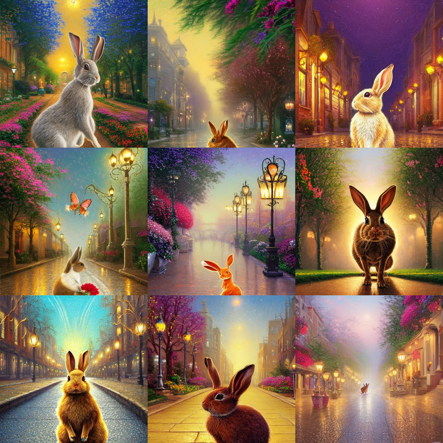 Prompt: a beautiful painting of a rabbit, centered, looking into the camera, on a street paved with gold and warm streetlights in a magical art nouveau city with many flowers and trees, highly detailed, smooth, sharp focus, intricate, fantasy, trending on artstation, elegant, detailed rabbit in the middle, by Thomas Kinkade