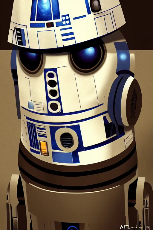 Image similar to a portrait of r 2 d 2 as a human, grim - lighting, high - contrast, intricate, elegant, highly detailed, digital painting, artstation, concept art, smooth, sharp focus, illustration