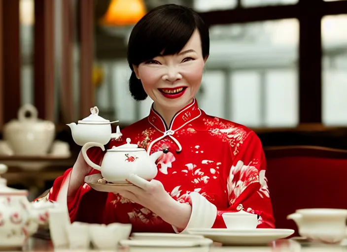 Prompt: movie still of a woman made out of porcelain sitting at a table in a cafe, wearing a red cheongsam, smooth white skin, creepy smile, tea set in foreground, directed by Guillermo Del Toro