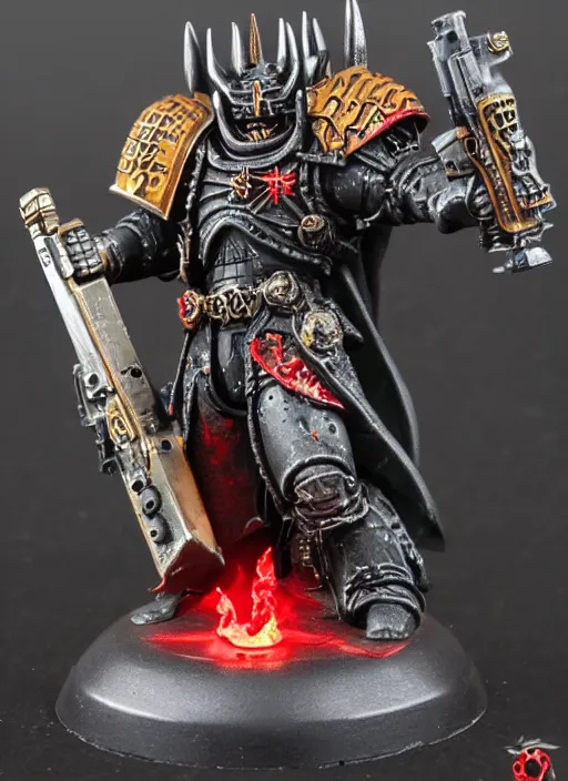 Image similar to 8 0 mm resin detailed miniature of a warhammer 4 0 k sauron, bloody, laser gun, product introduction photos, 4 k, full body,