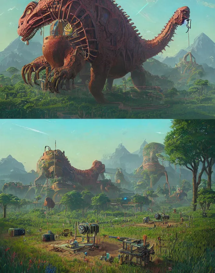 Image similar to #art #hyperreal #intricate simon-stålenhag-dinotopia-botw-studio-ghibli, [32k hd]^10