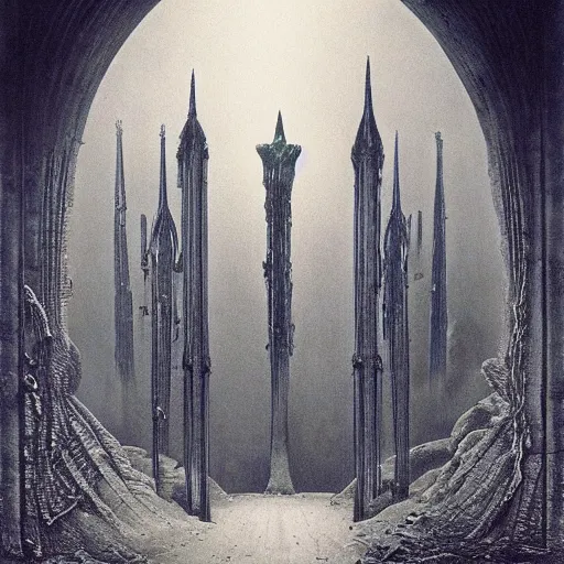 Image similar to explosion bridge, ruins, dark fantasy, arch bridge, neogothic architecture, symmetry, poster design, zdzisław beksiński, hr giger, occult mystical symbols in real life, high detail, blue fog