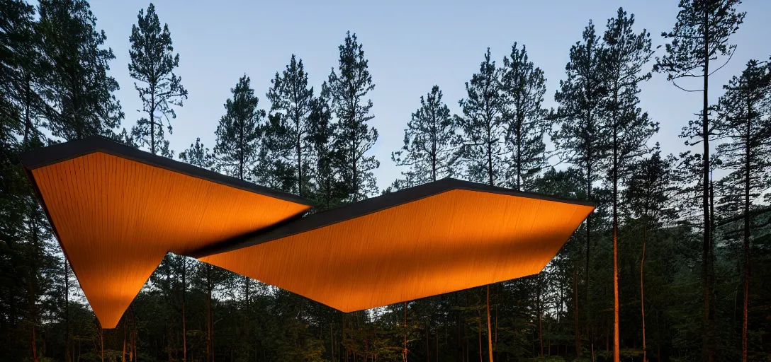 Image similar to faceted roof planes lift and descend creating shade and architectural expression, highly detailed, situated in the forest, next to a highly reflective lake, at dusk, vivid color