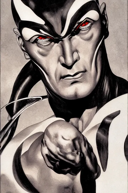 Image similar to close up portrait of strong muscular handsome super villain diabolik, groovy and cool, black zentai and long eyelashes, by j. c. leyendecker, james gurney, gerald brom