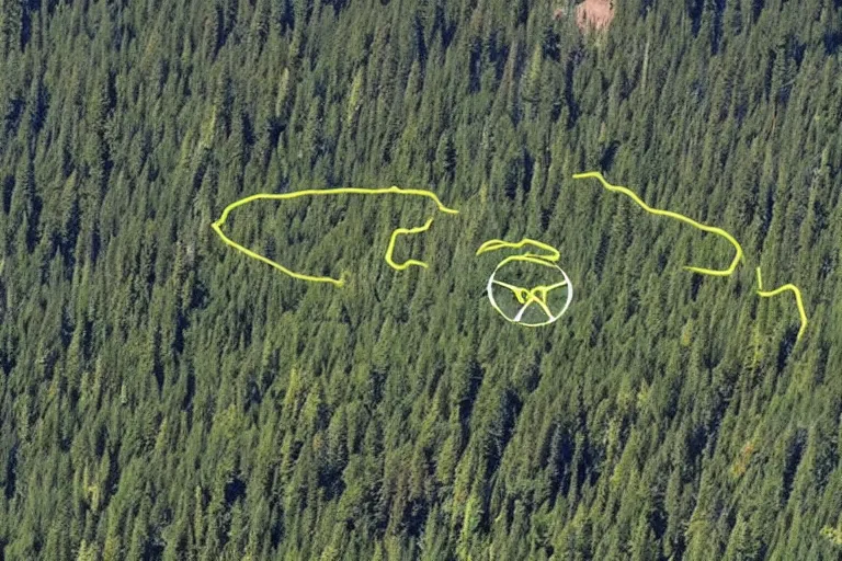 Image similar to the cascadian hilltops marked with alien symbols, news footage from helicopter perspective