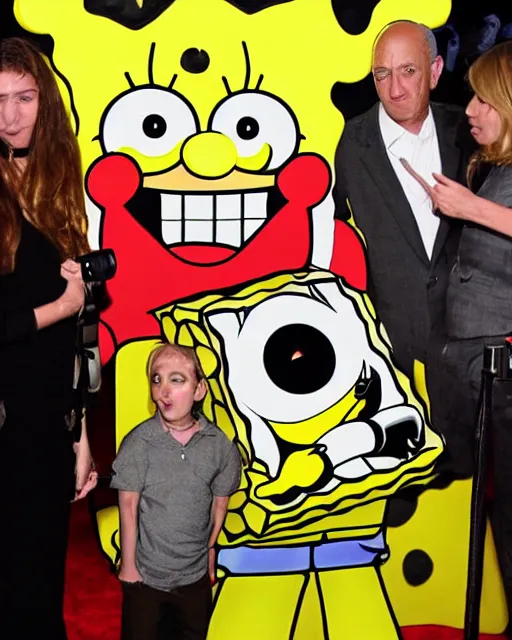 Prompt: Paparazzi photographers a terrified SpongeBob SquarePants at his movie premiere, photorealistic