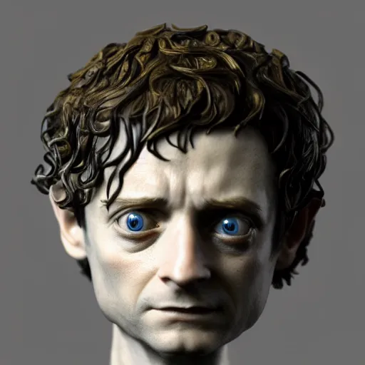 Image similar to tribute sculpture of elijah wood as frodo, high detail shot, smoking, render, cgsociety, photorealism