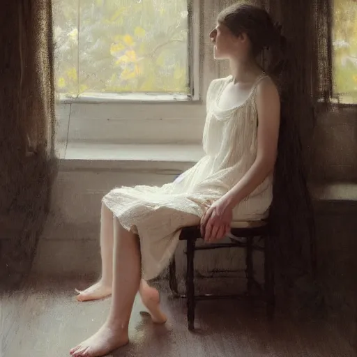 Prompt: girl with long hair, summer dress, sitting on designer chair, dramatic light, cinematic, bare feet, by jeremy lipking, jeremy mann, ron hicks, casey baugh