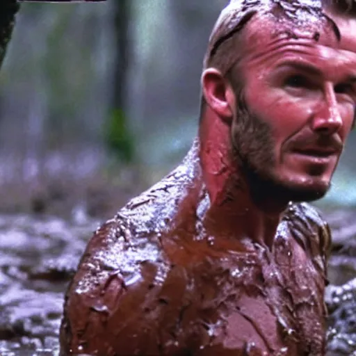 Prompt: cinematic still of david beckham wearing manchester united uniform, covered in mud and watching a predator in a swamp in 1 9 8 7 movie predator, hd, 4 k