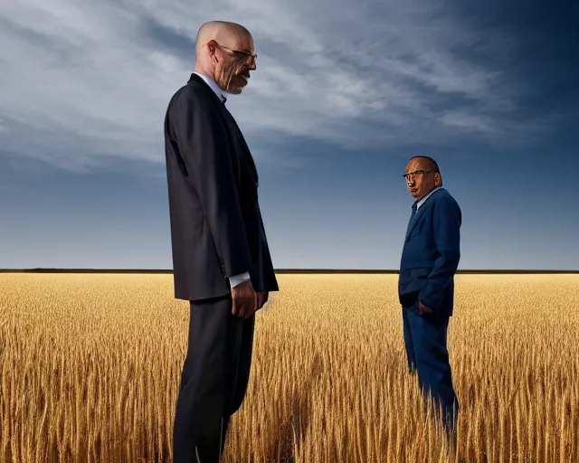 Image similar to extreme long shot of walter white and gustavo fring standing in front of each other from a distance in a wheat field, low angle, side view, 8 5 mm photograph, 8 k resolution, wide shot, sharp lens