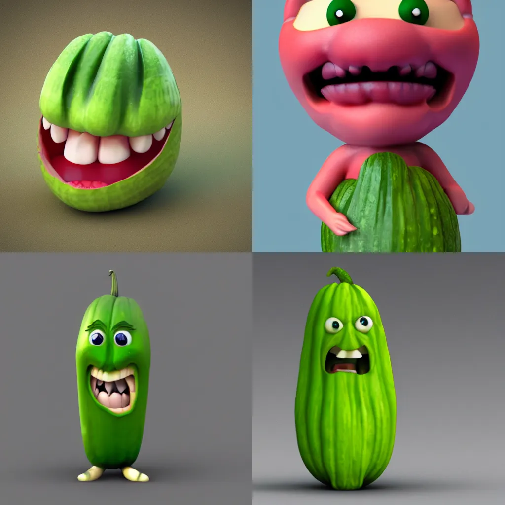 Prompt: a sad cucumber with vampire teeth, 3d render, digital figure