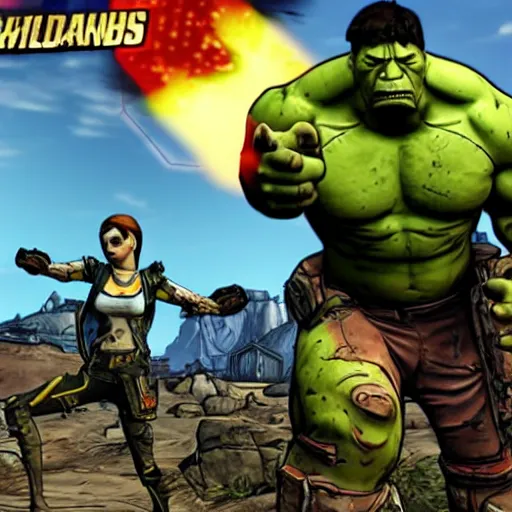 Image similar to Screenshot from new Borderlands DLC featuring the Hulk, 8k photorealistic