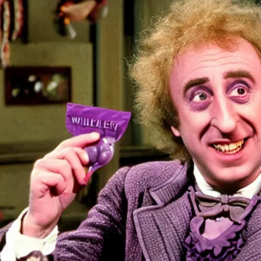 Prompt: gene wilder in willy wonka and the eggplant factory, willy wonka holding eggplants