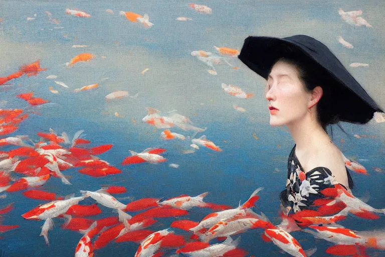 Image similar to wind, koi, kimono fabric blowing in the wind, sunlight, no person, jeremy lipking, joseph todorovitch